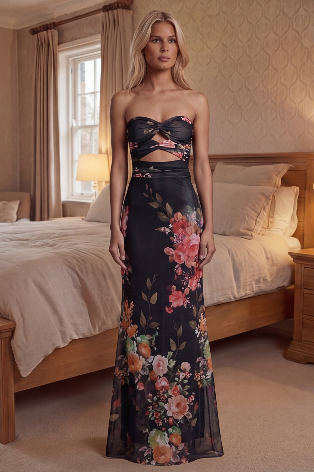 Mermaid Black Floral Cut Out Strapless Long Prom Dress