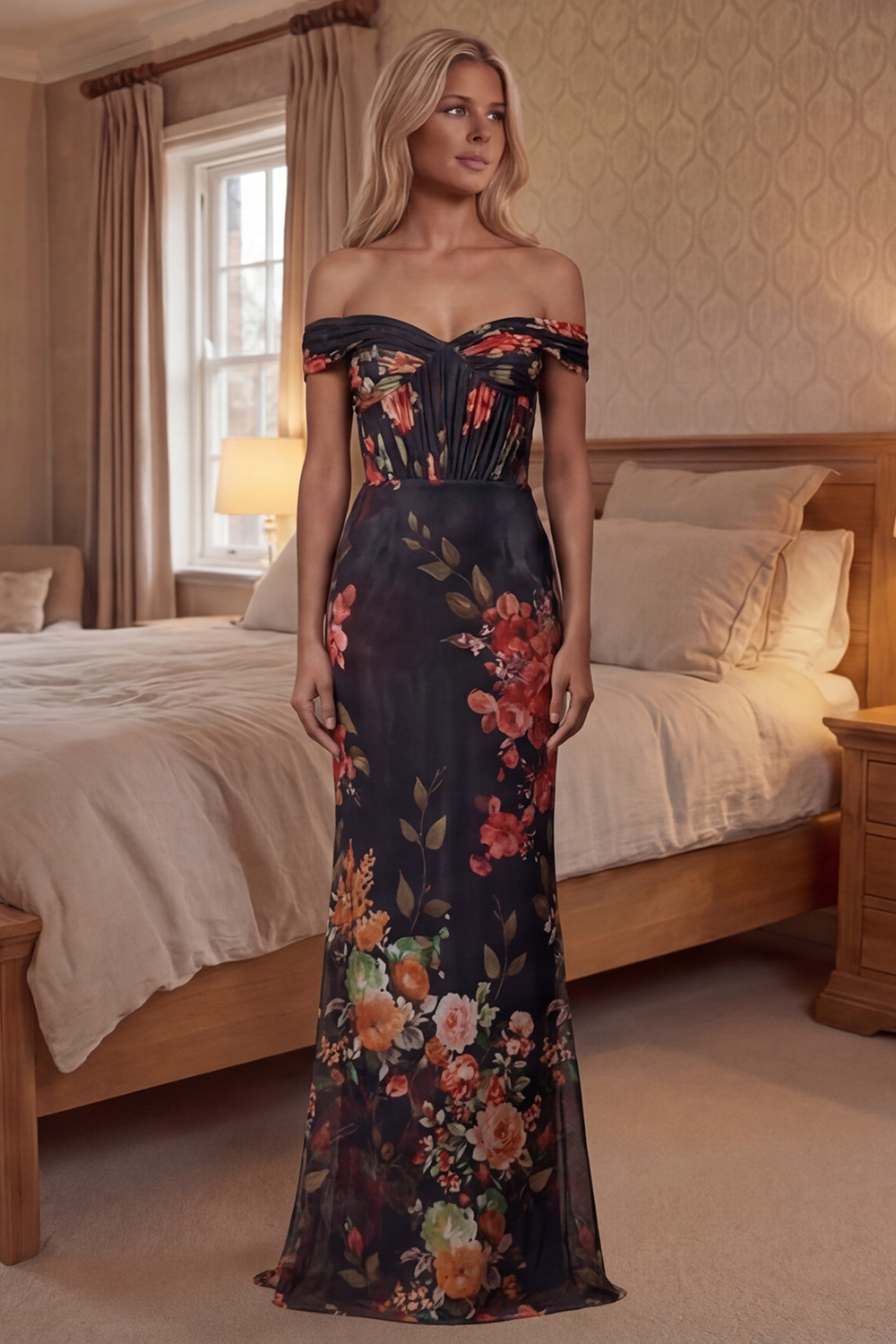 Mermaid Floral Long Black Prom Dress with Pleats