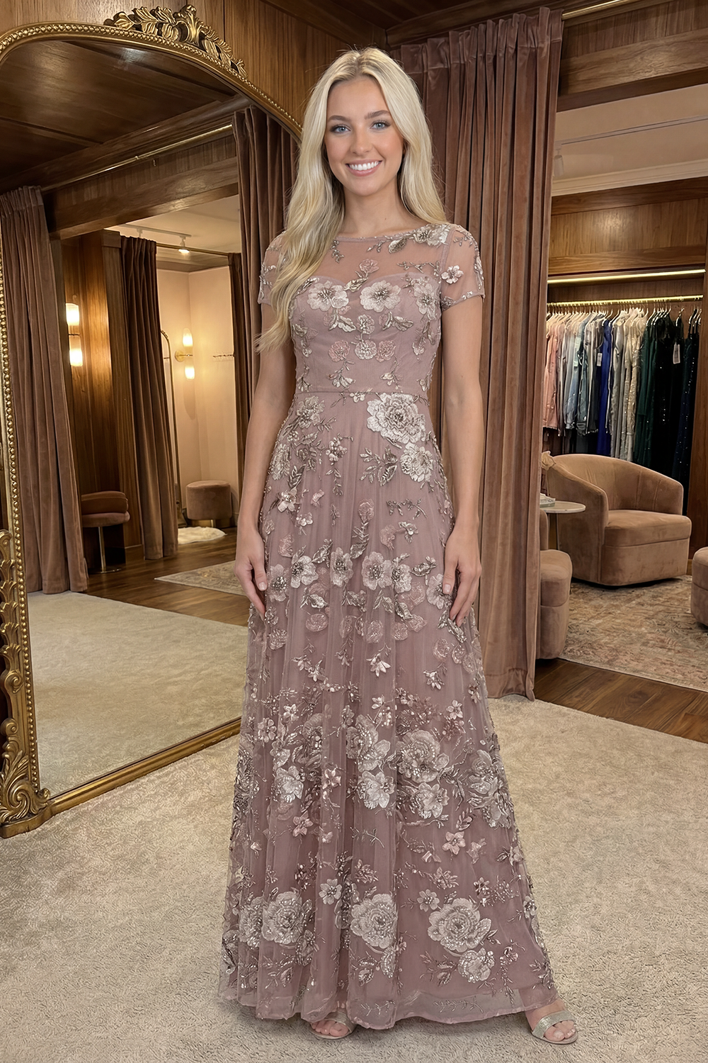 Sparkly Dusty Rose A Line Beaded Long Floral Prom Dress