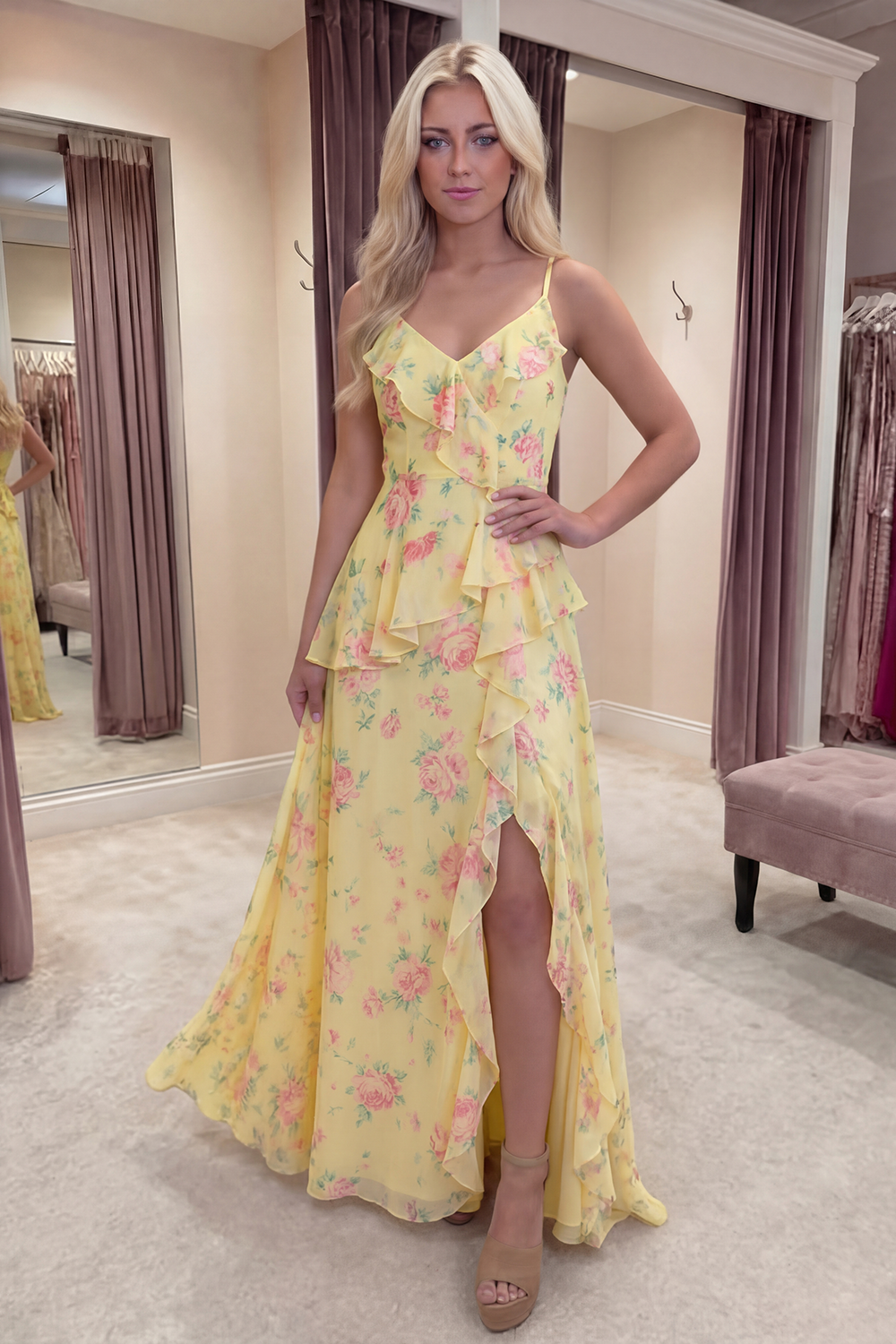 Blue Pink Flower A Line Spaghetti Straps Ruffled Long Prom Dress with Slit