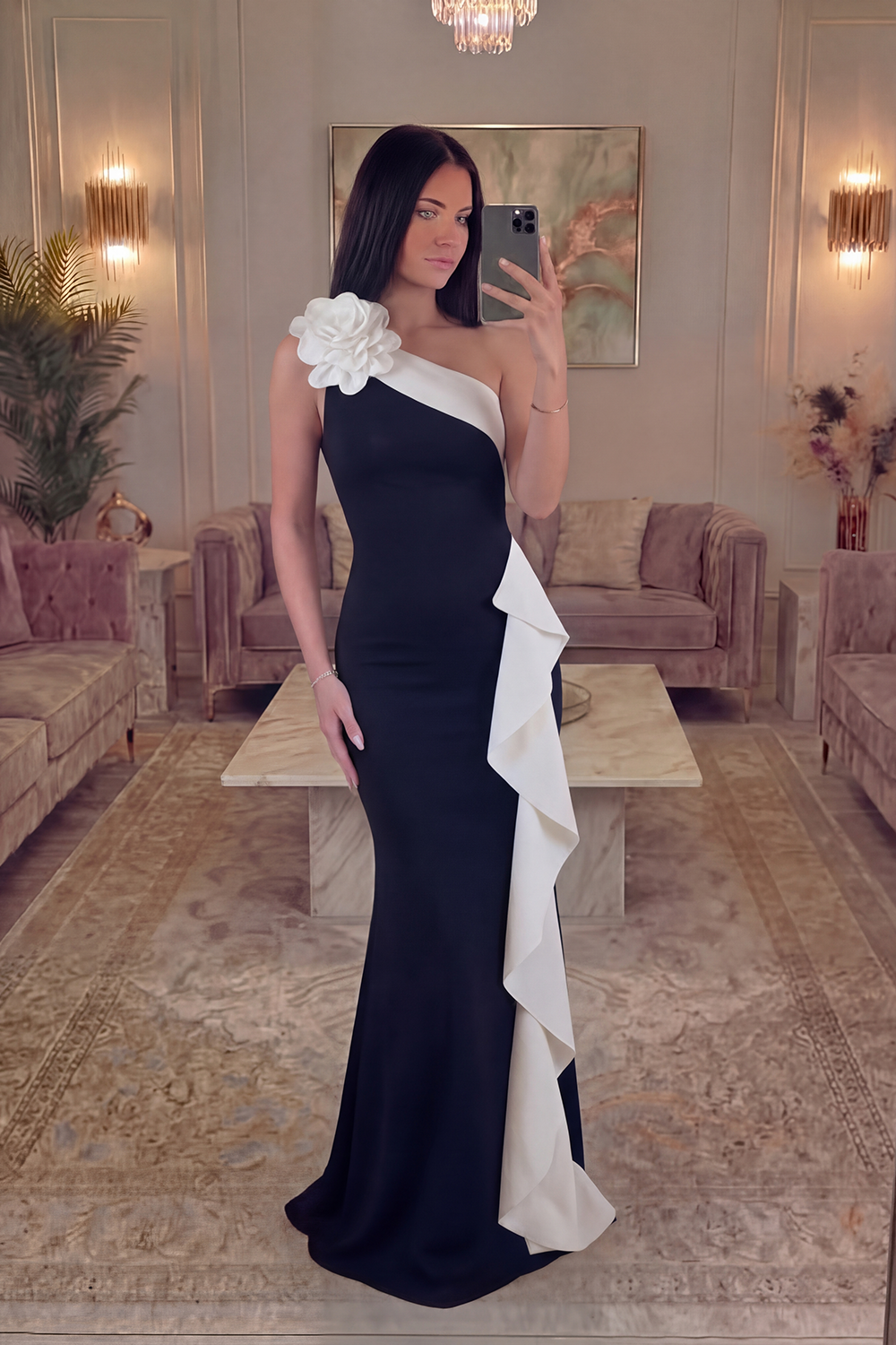 Black White One Shoulder Long Black Tie Dress with 3D Flowers
