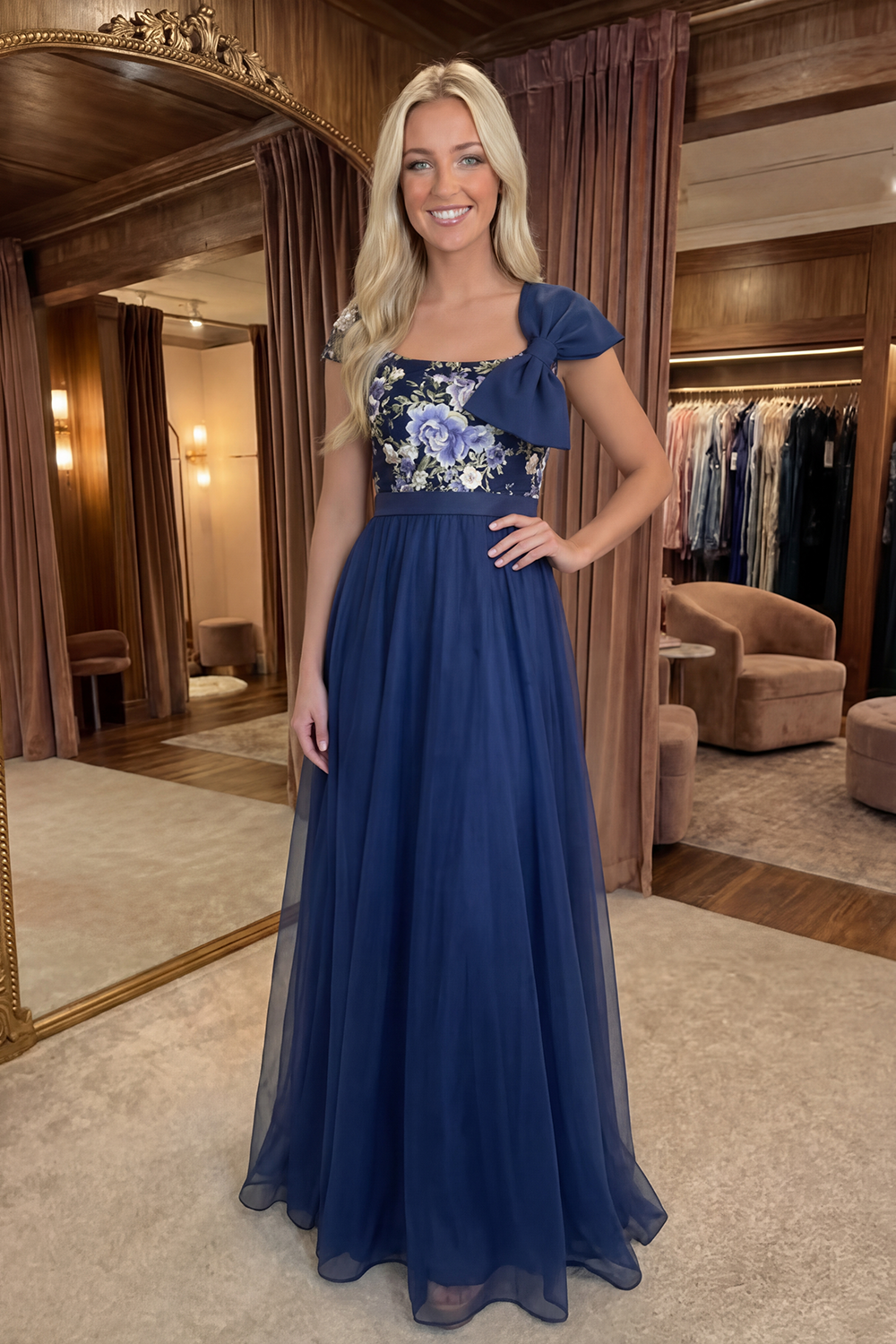Square Neck A Line Navy Long Floral Prom Dress with Bow
