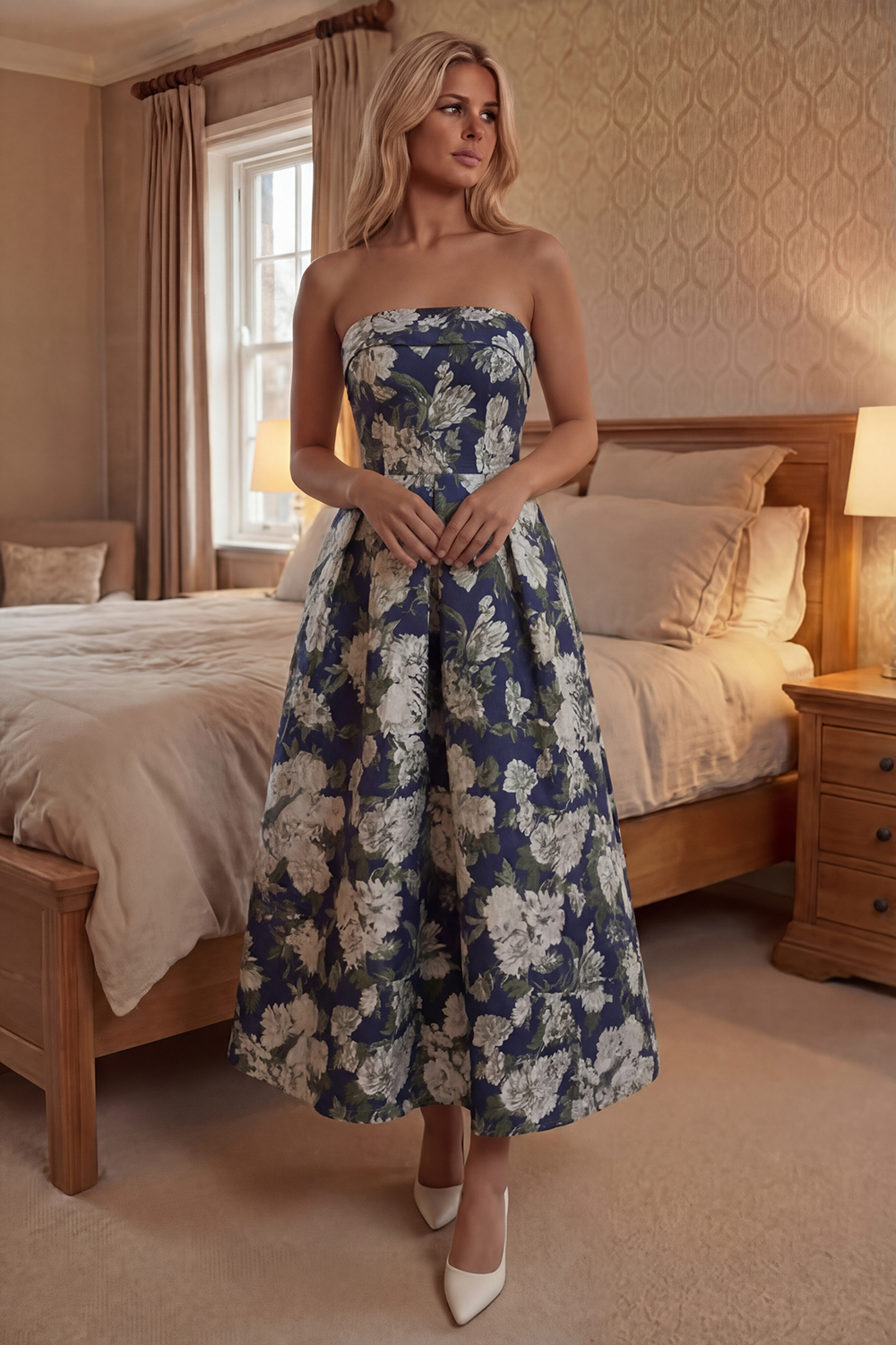 Navy Flower A Line Floral Long Strapless Prom Dress