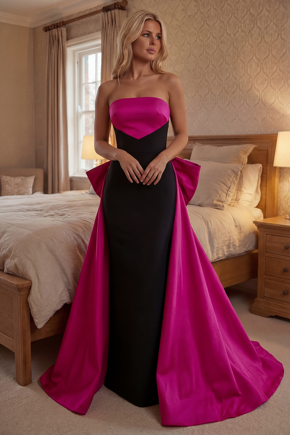 Black and Red Mermaid Strapless Long Prom Dress with Cape