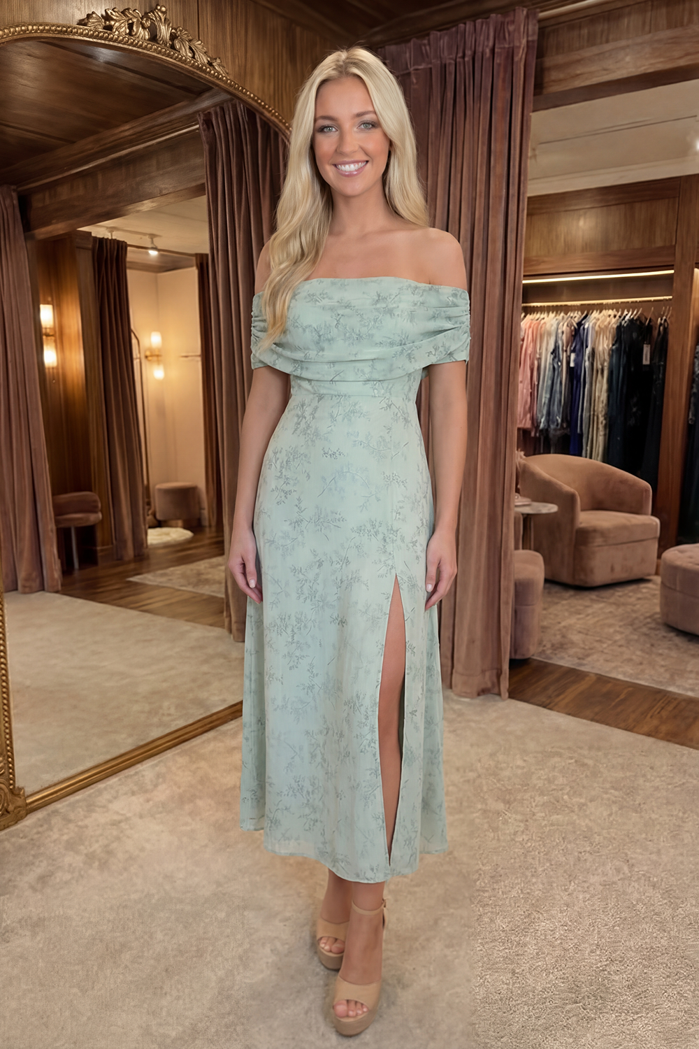 Dusty Sage Off the Shoulder Long Floral Prom Dress with Slit