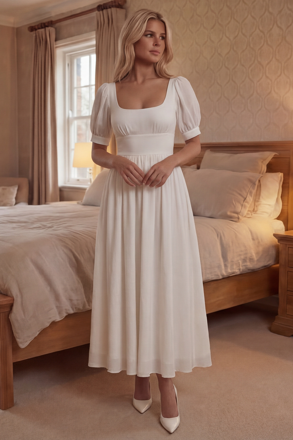 White Long A Line Graduation Dress with Sleeves