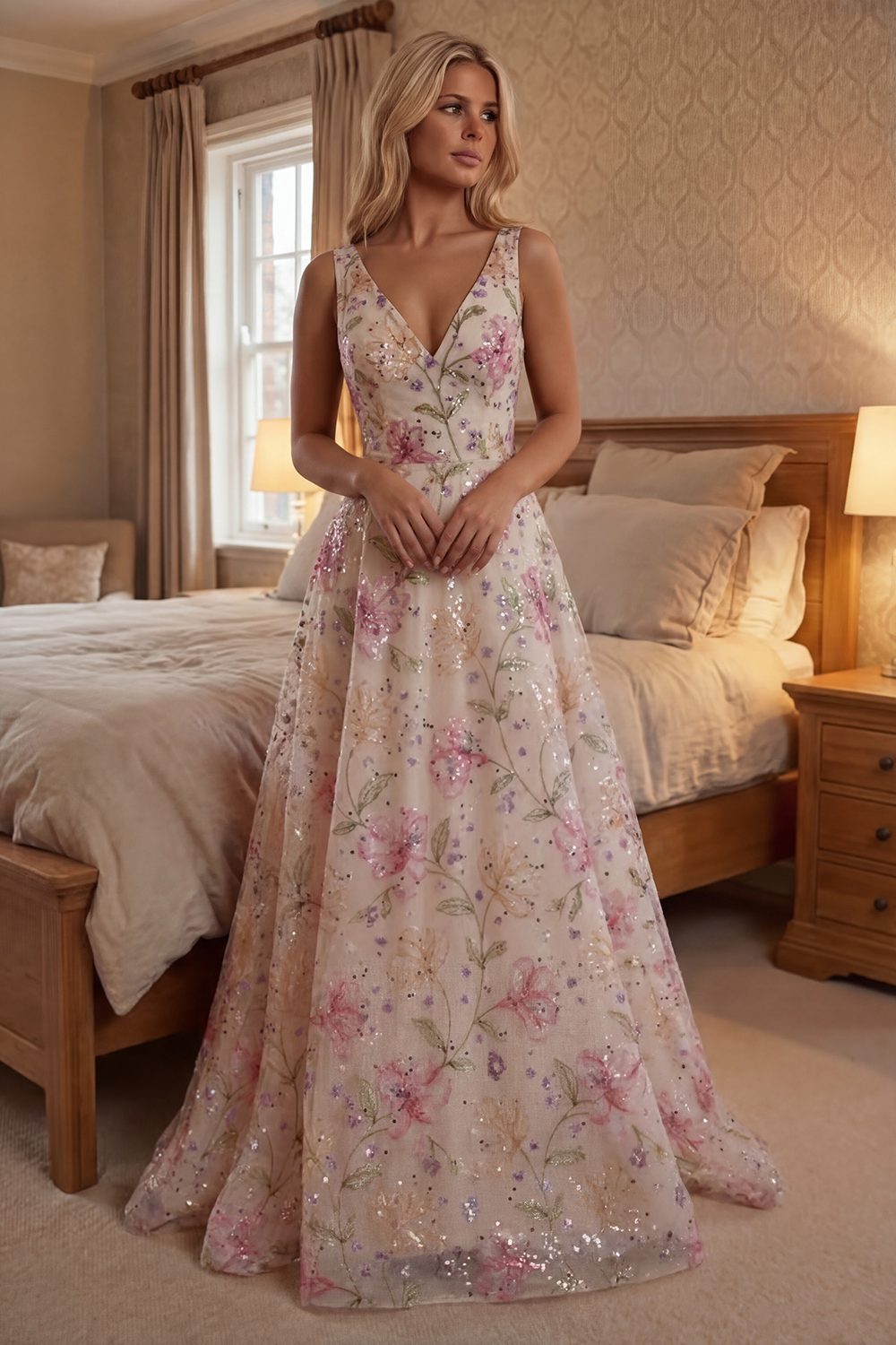 Sparkly Pink V-Neck Floral A Line Long Prom Dress with Beading