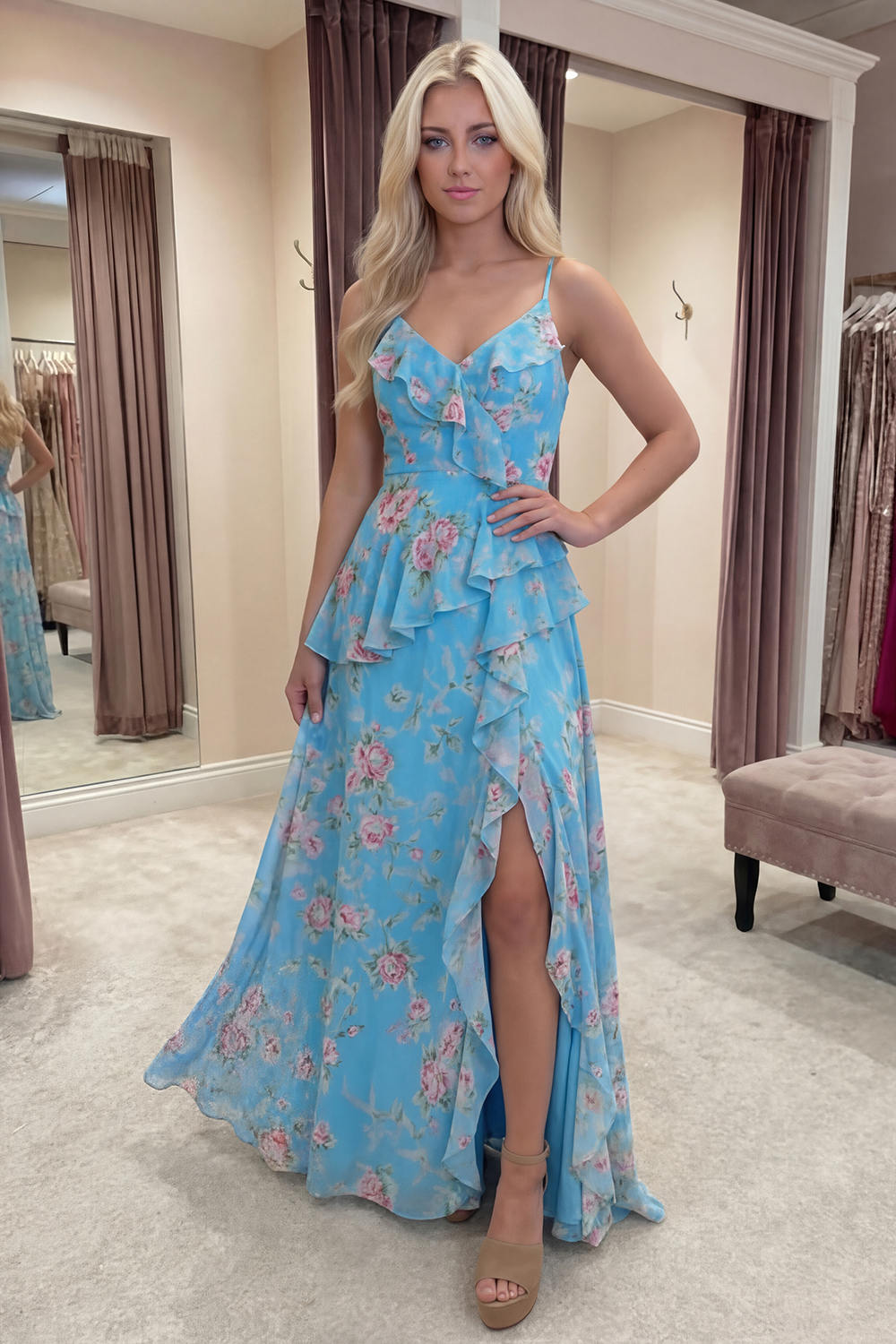 Blue Pink Flower A Line Spaghetti Straps Ruffled Long Prom Dress with Slit