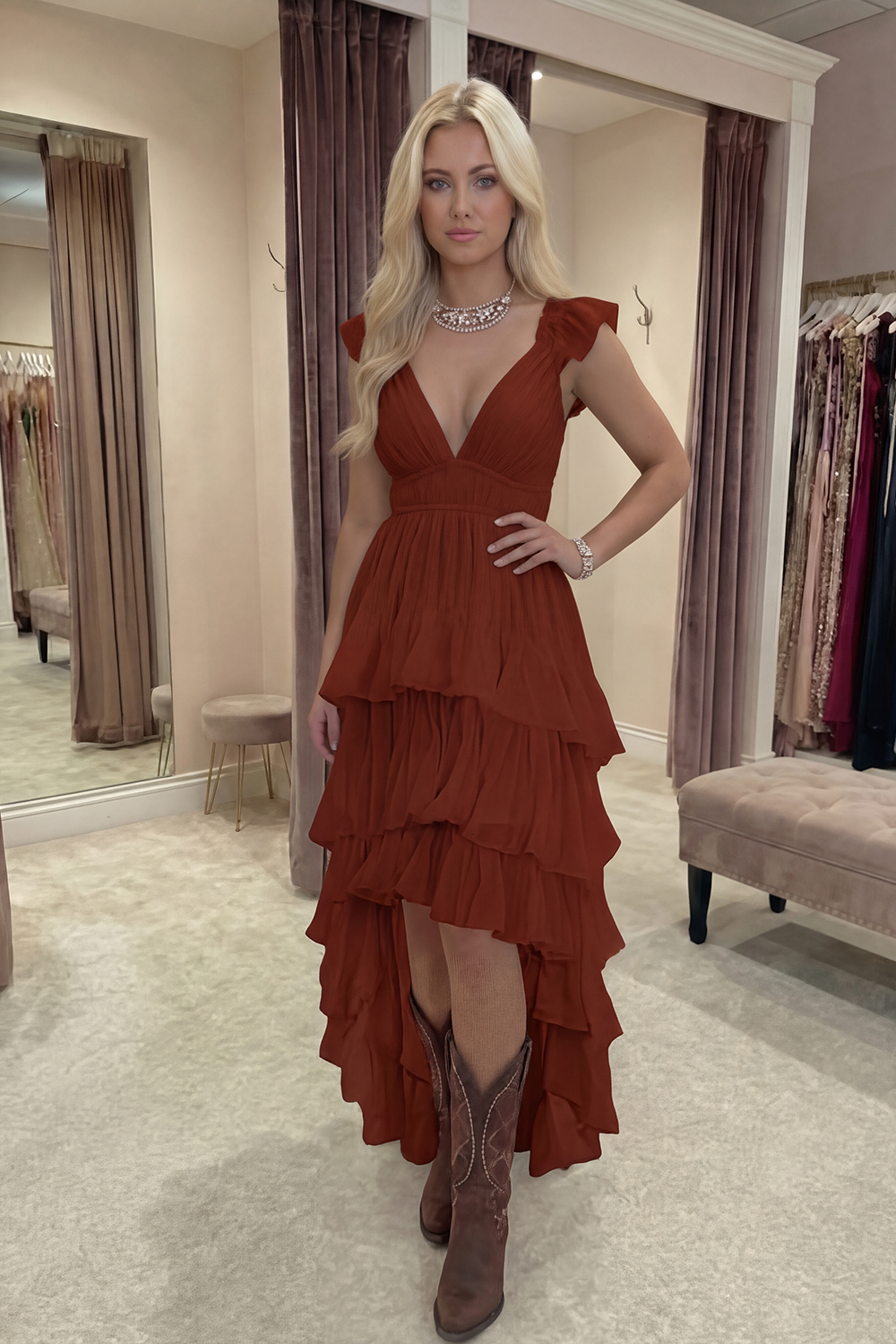 Ivory A Line Tiered Ruffled V-Neck High-Low Graduation Dress