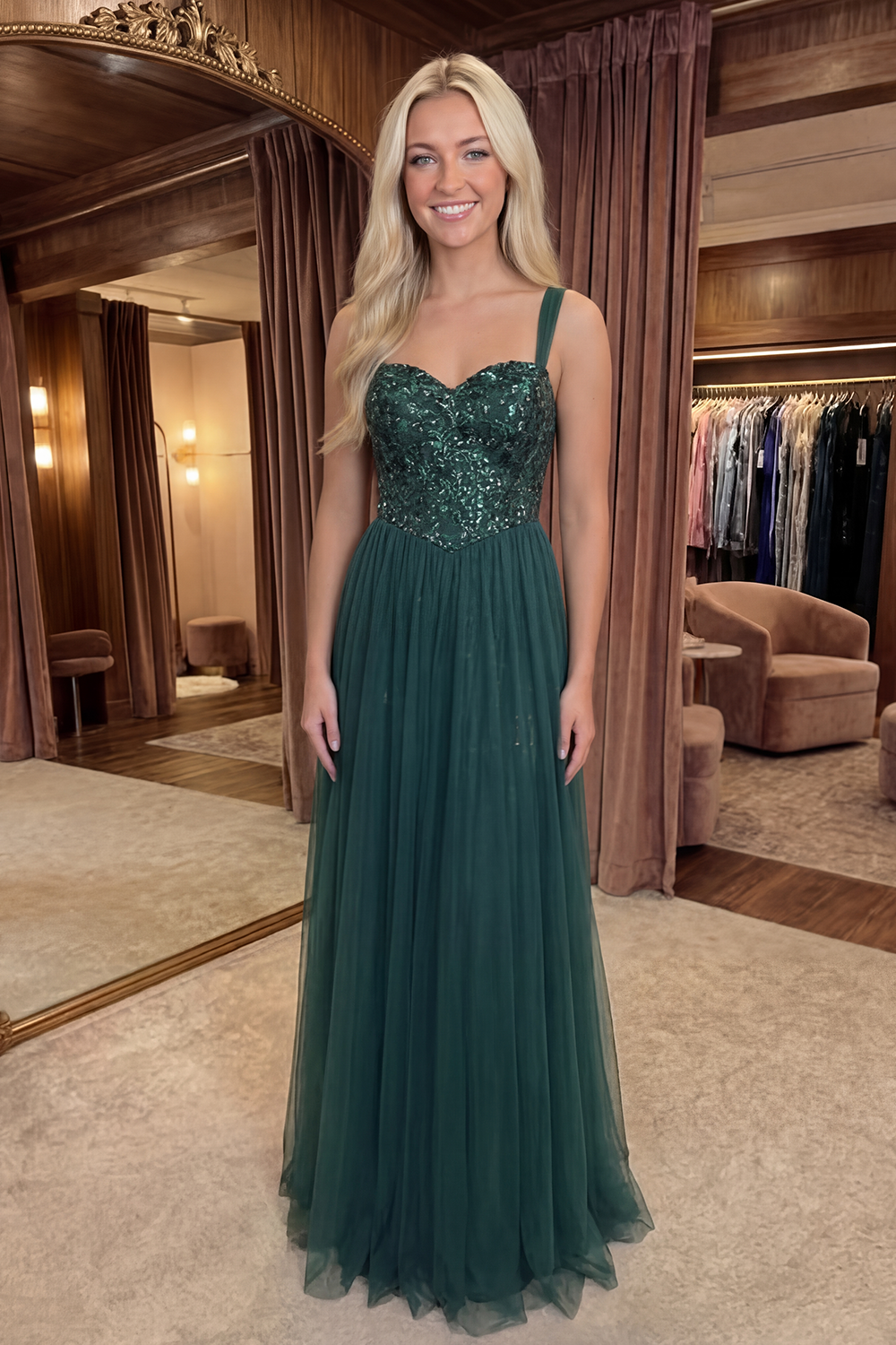 Sparkly Dark Green A Line Long Prom Dress with Sequin