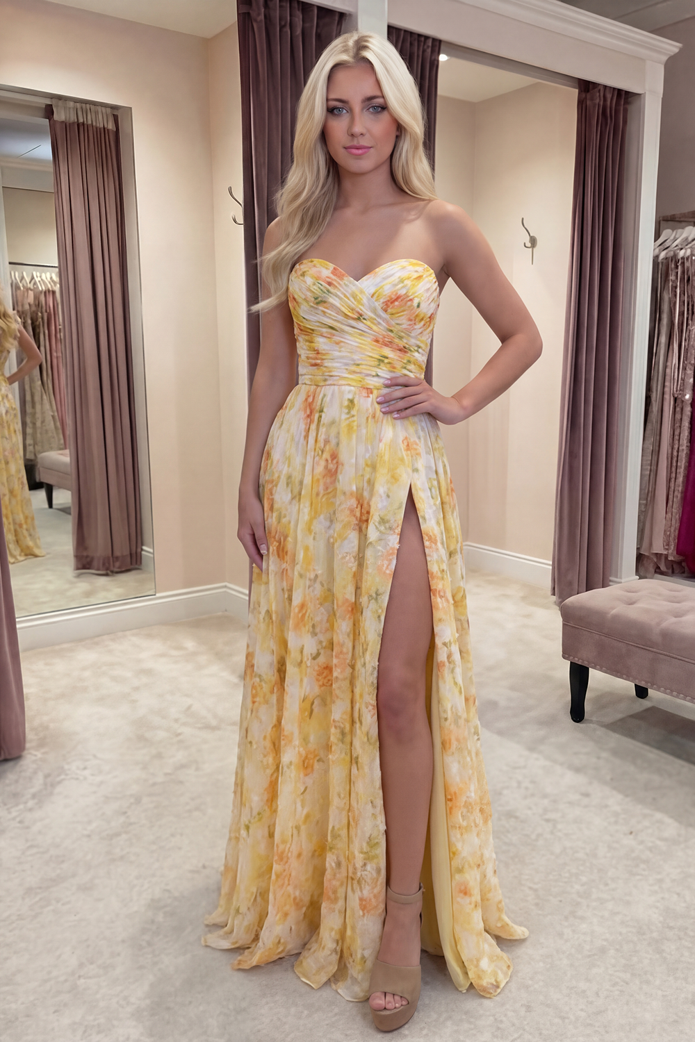 Floral Strapless Ruched Yellow A Line Long Prom Dress with Slit