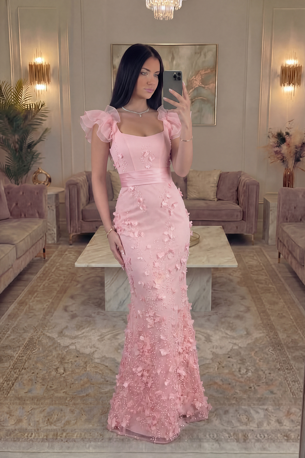 Blush Mermaid Long Floral Prom Dress with Ruffles