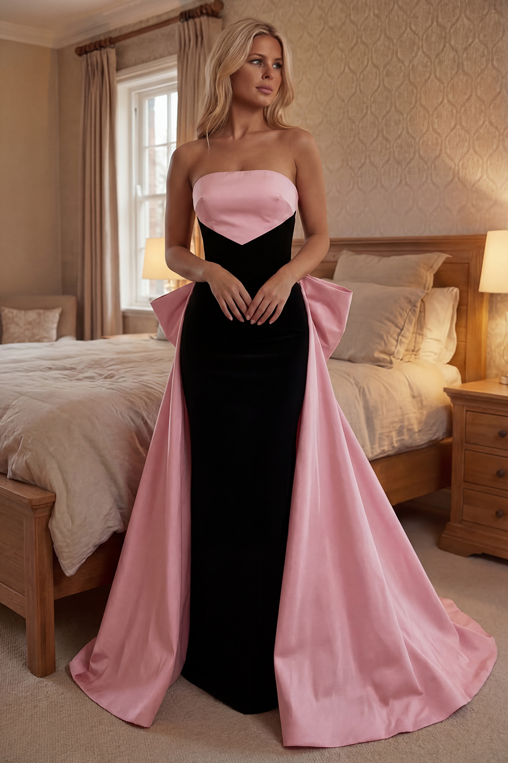 Black and Red Mermaid Strapless Long Prom Dress with Cape