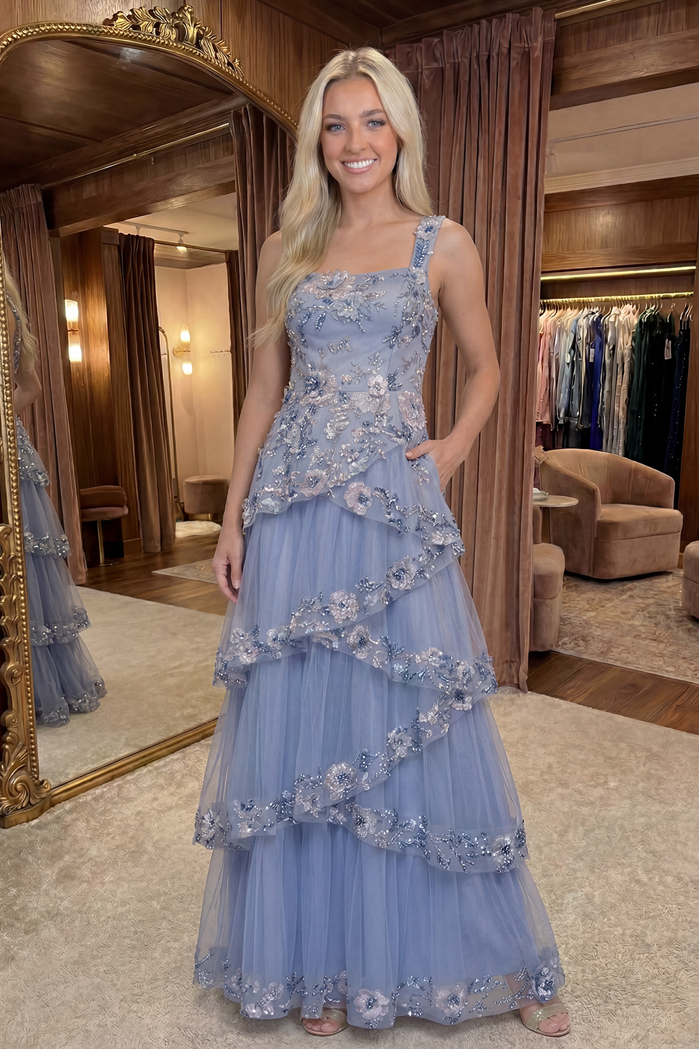 Sparkly A Line Dusty Blue Floral Tulle Long Prom Dress with Ruffles