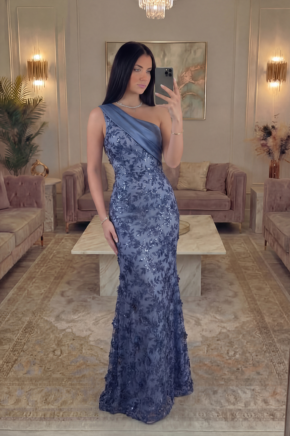 Sparkly Mermaid Navy Long Floral Prom Dress