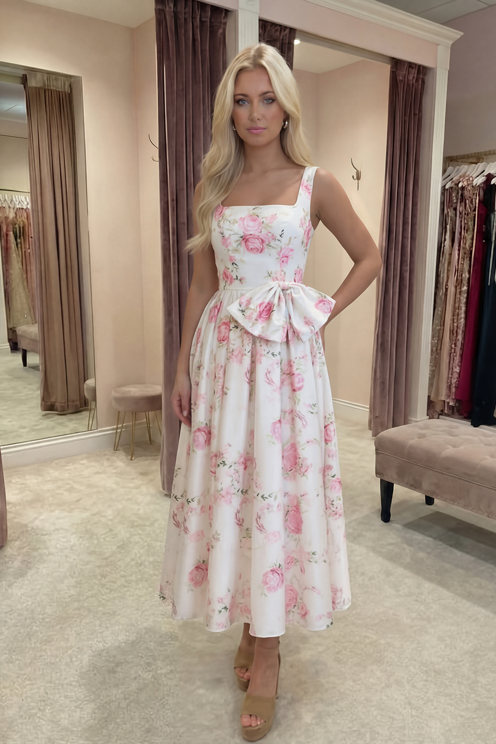 White Pink Square Neck Flower A Line Long Prom Dress with Bow