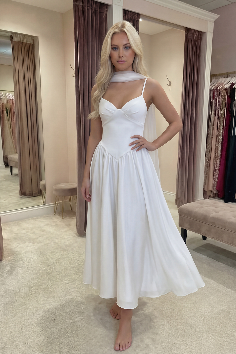 Ivory Neck Scarf A Line Long Graduation Dress