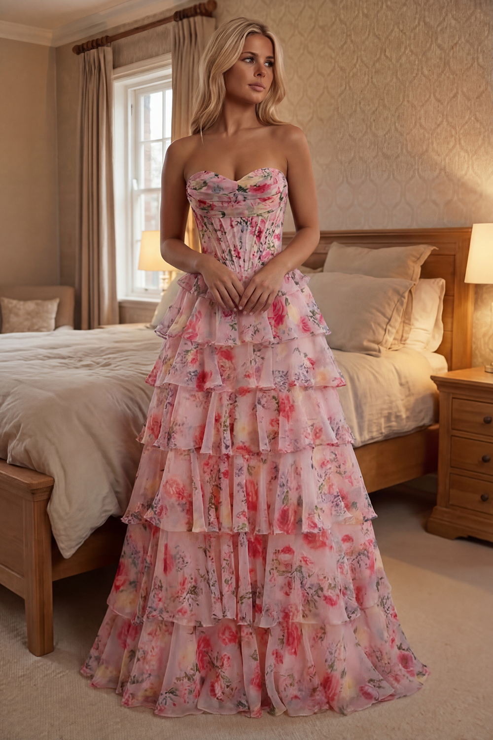 Floral Pink A Line Tiered Sweetheart Long Corset Prom Dress