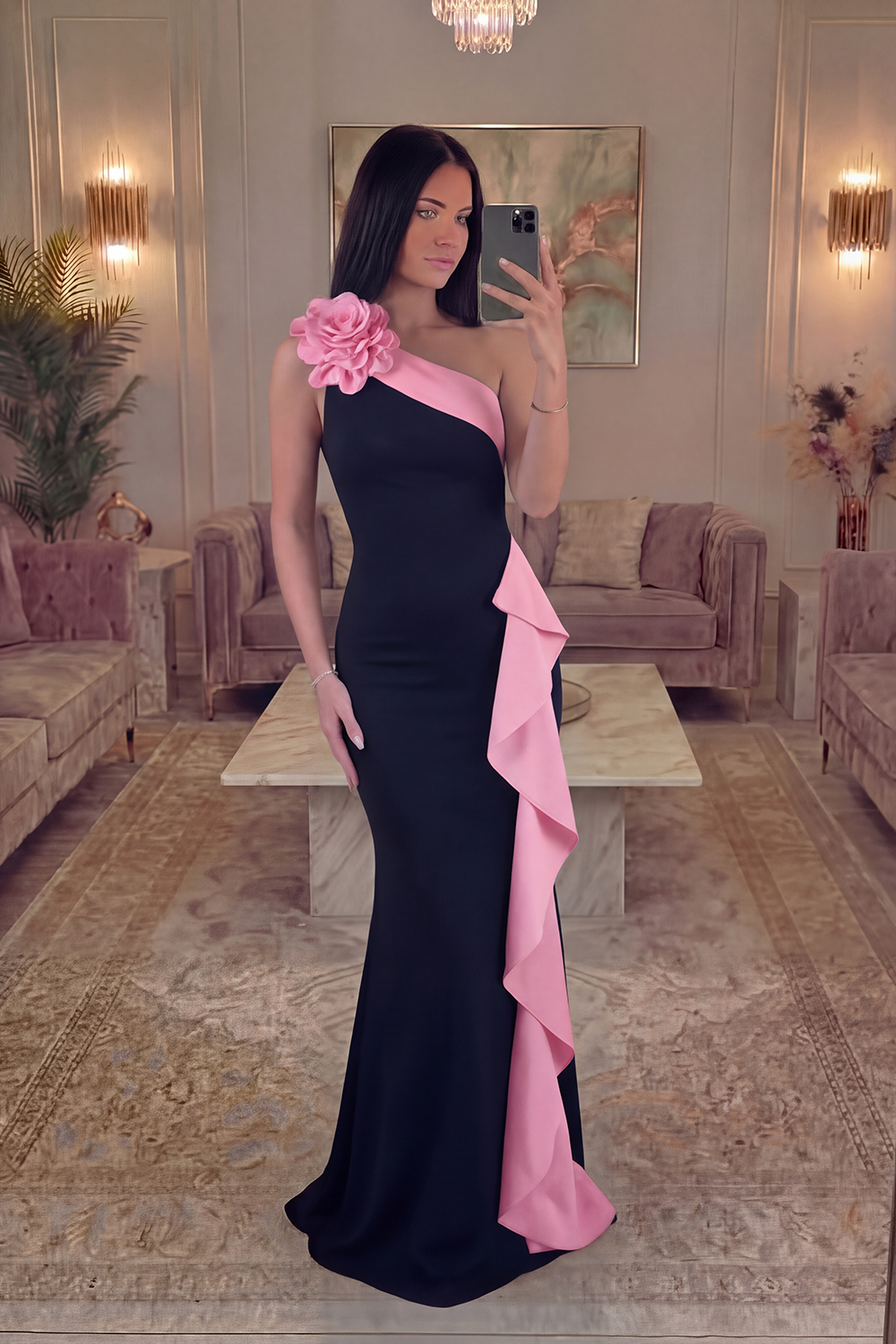 Black White One Shoulder Long Black Tie Dress with 3D Flowers