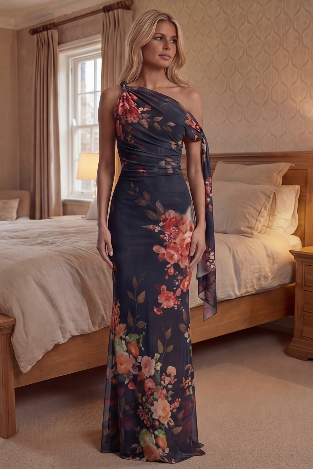 Floral Ruched Black Mermaid Long Prom Dress