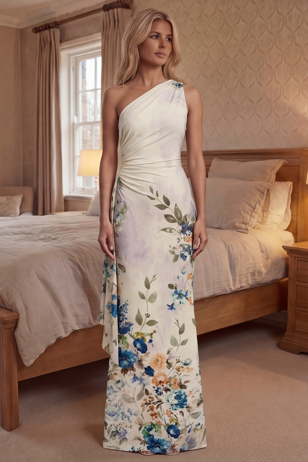 Black Sheath Floral One Shoulder Ruched Long Prom Dress