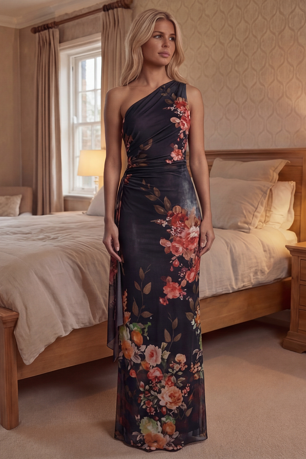 Black Sheath Floral One Shoulder Ruched Long Prom Dress