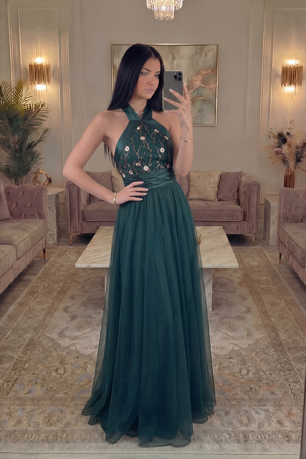Berlinnova Women Dark Green Long Floral Gala Dress A Line Halter Formal Dress