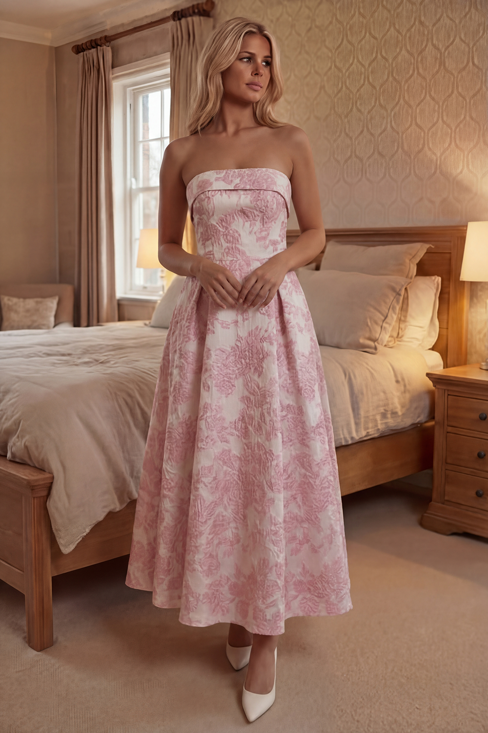 Navy Flower A Line Floral Long Strapless Prom Dress