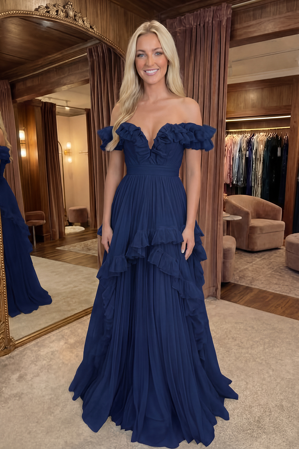 Lilac Chiffon A Line Long Off the Shoulder Prom Dress with Ruffles