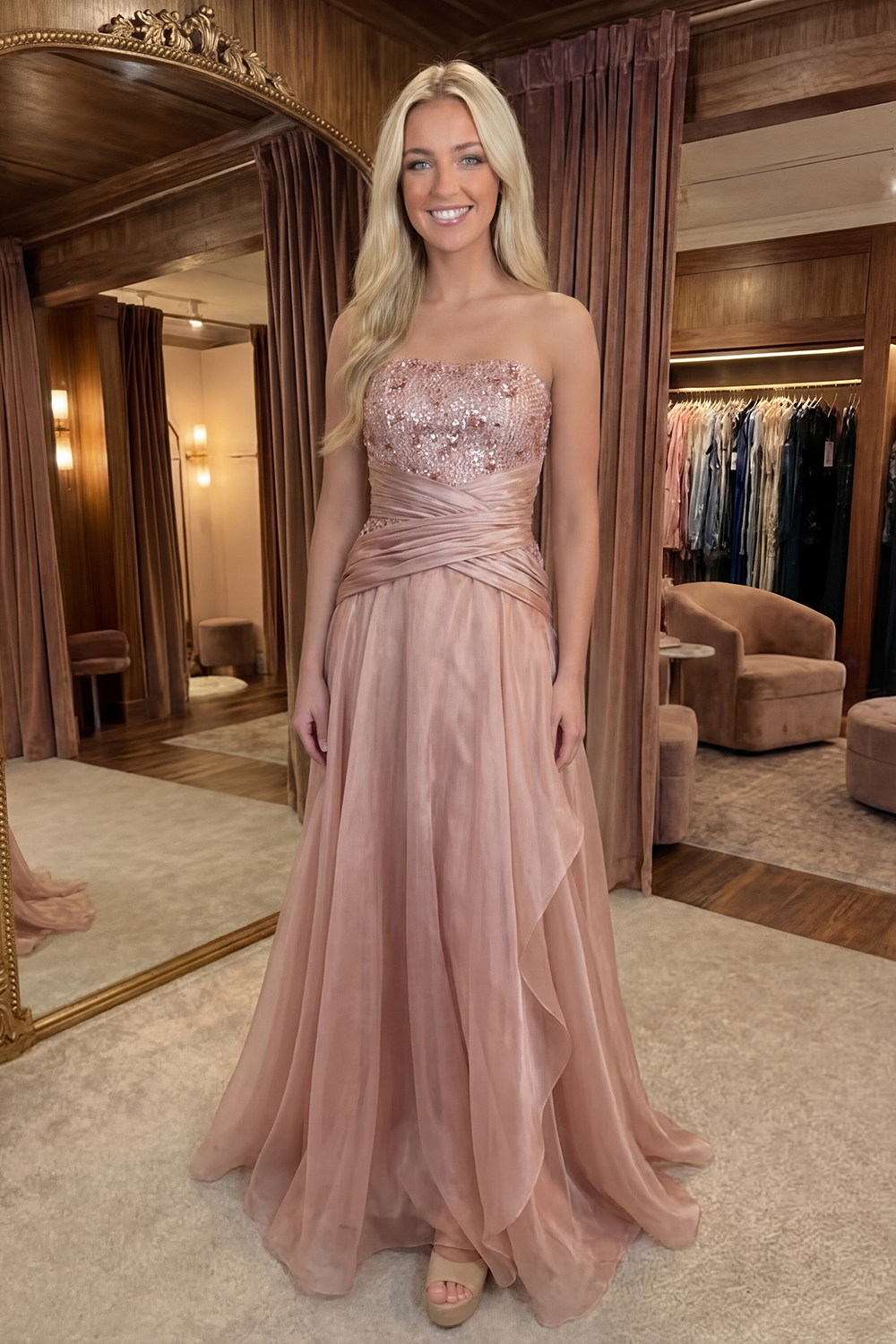 A Line Dusty Rose Beaded Long Prom Dress with Ruffles