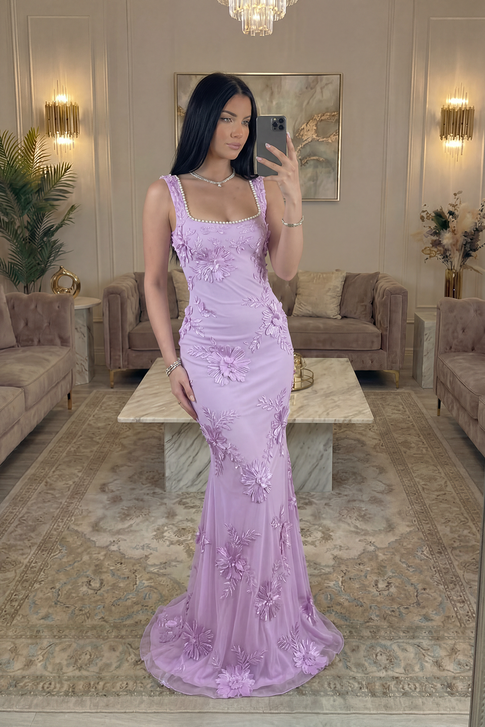 Yellow Floral Mermaid Square Neck Long Prom Dress with Pearls