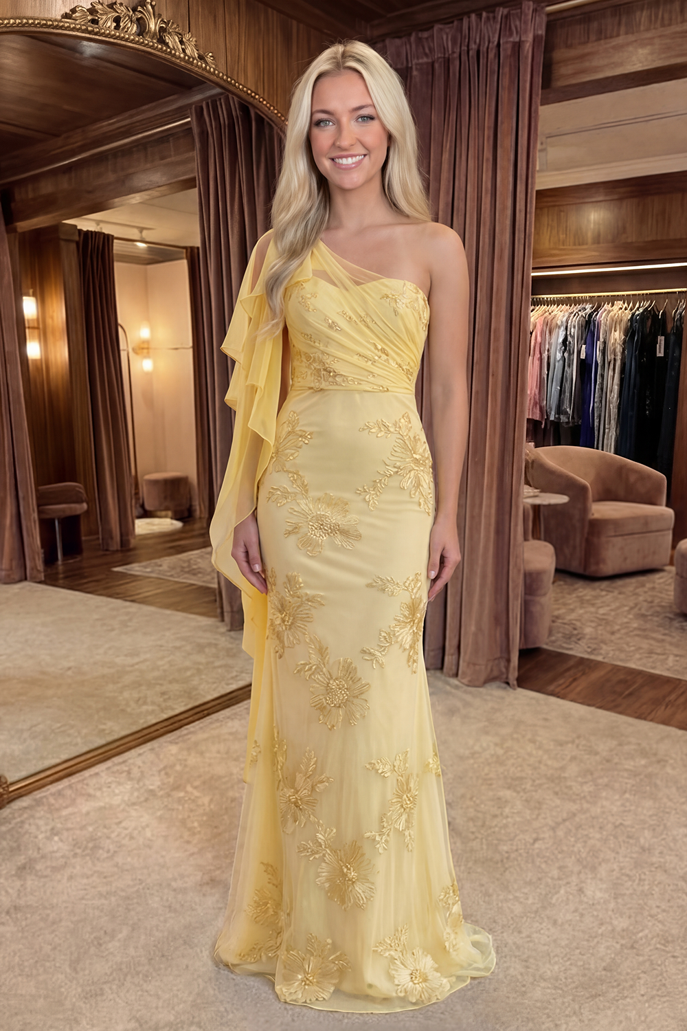 Appliqued Mermaid Long Yellow Prom Dress with Side Cape
