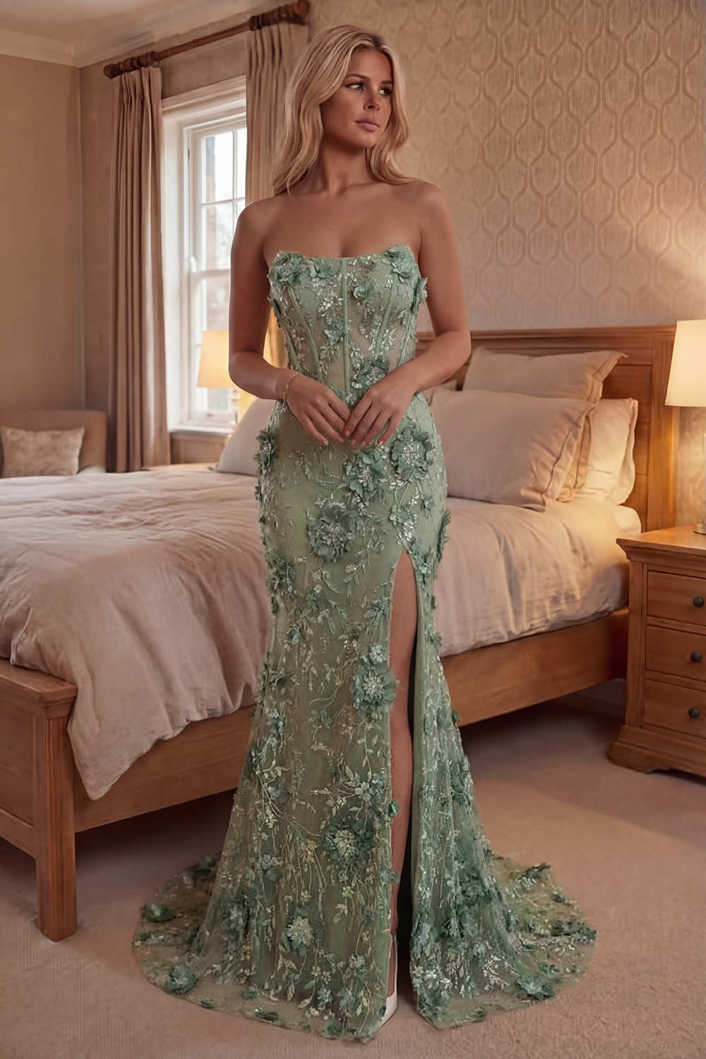Green Mermaid Strapless Floral Corset Long Prom Dress with Appliques