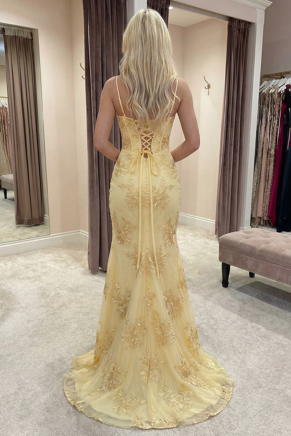 Yellow Mermaid Floral Long Corset Prom Dress with Slit
