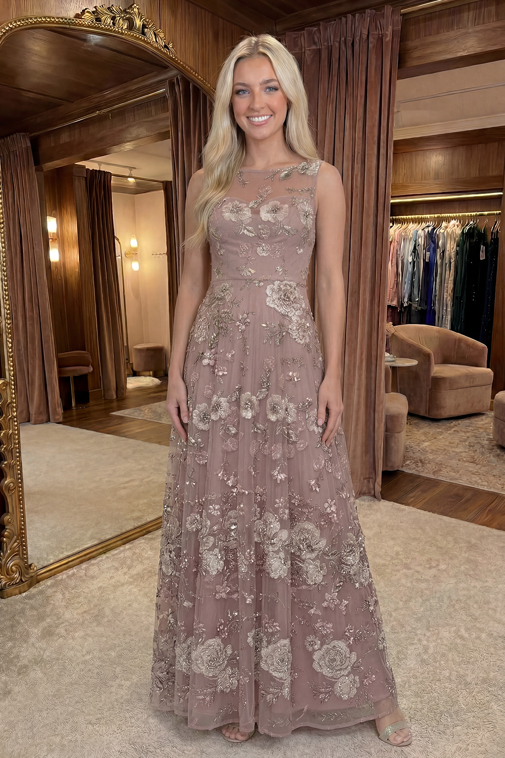 Sparkly Dusty Rose A Line Long Floral Prom Dress with Beading