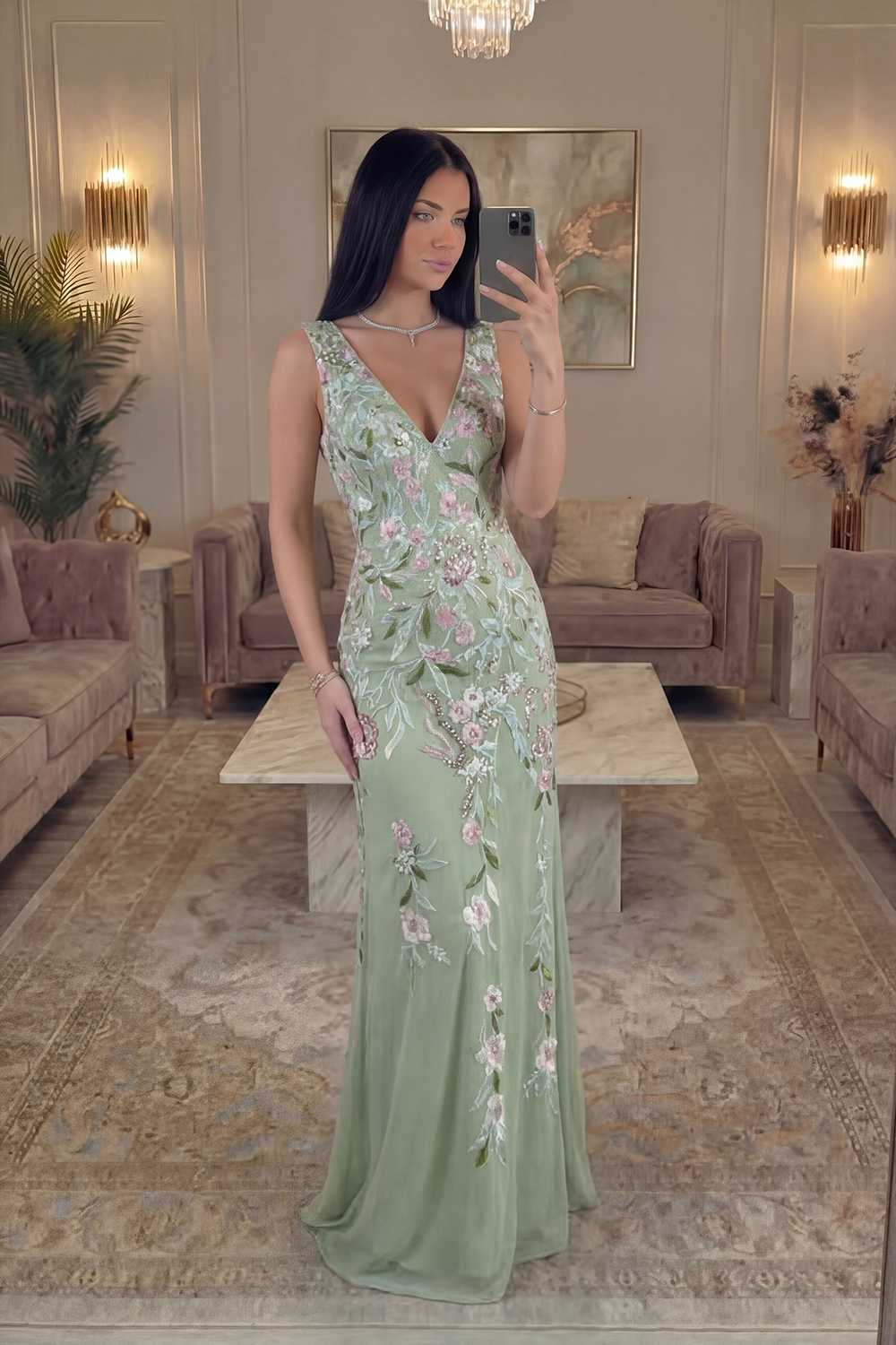 Floral Light Green Sheath V-Neck Appliqued Long Prom Dress