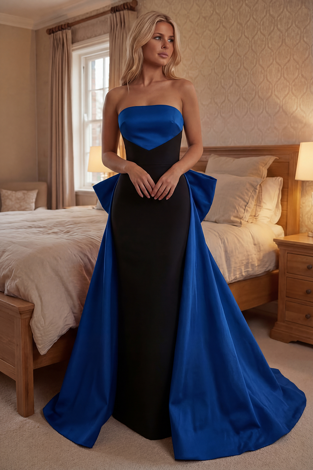 Black and Red Mermaid Strapless Long Prom Dress with Cape