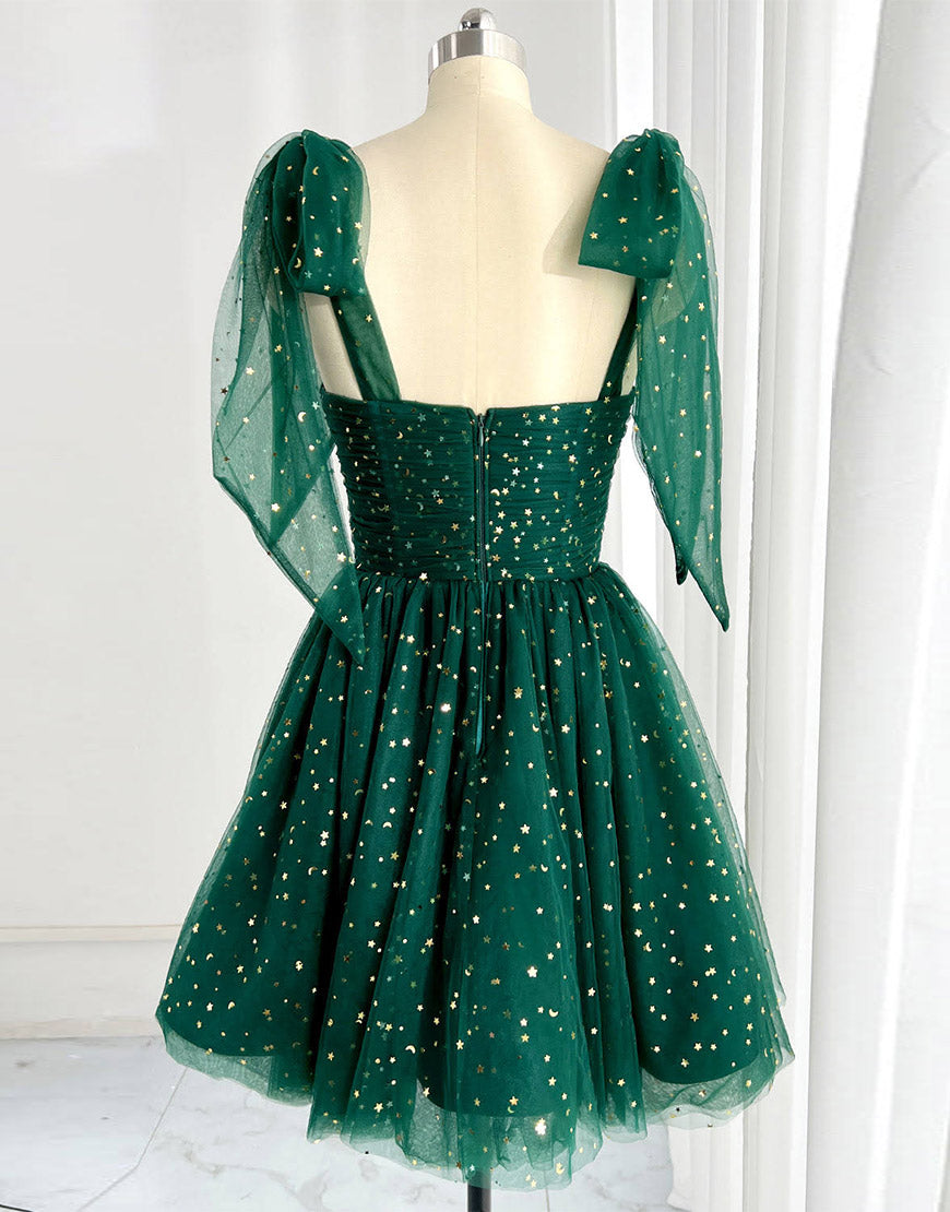 Green A-Line Tie Straps Short Tulle Homecoming Dress