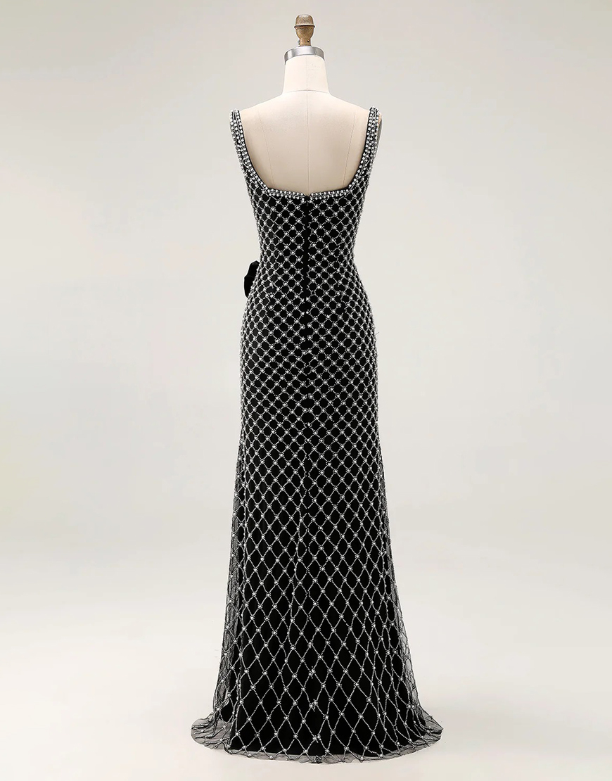 Sparkly White Pearls Spaghetti Straps Mermaid Long Prom Dress with Bow