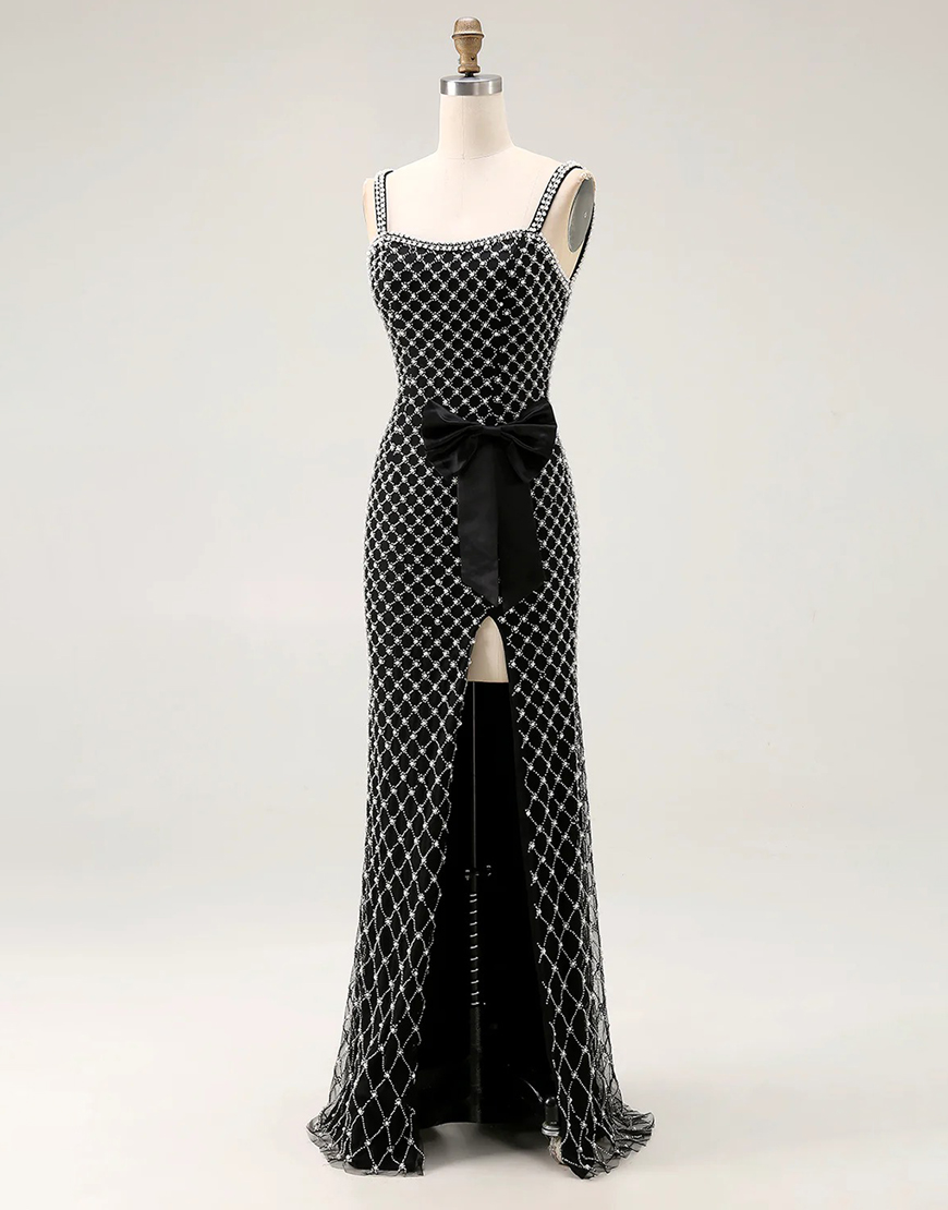 Sparkly White Pearls Spaghetti Straps Mermaid Long Prom Dress with Bow