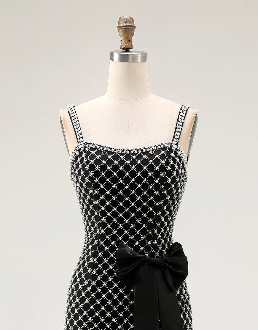 Sparkly White Pearls Spaghetti Straps Mermaid Long Prom Dress with Bow