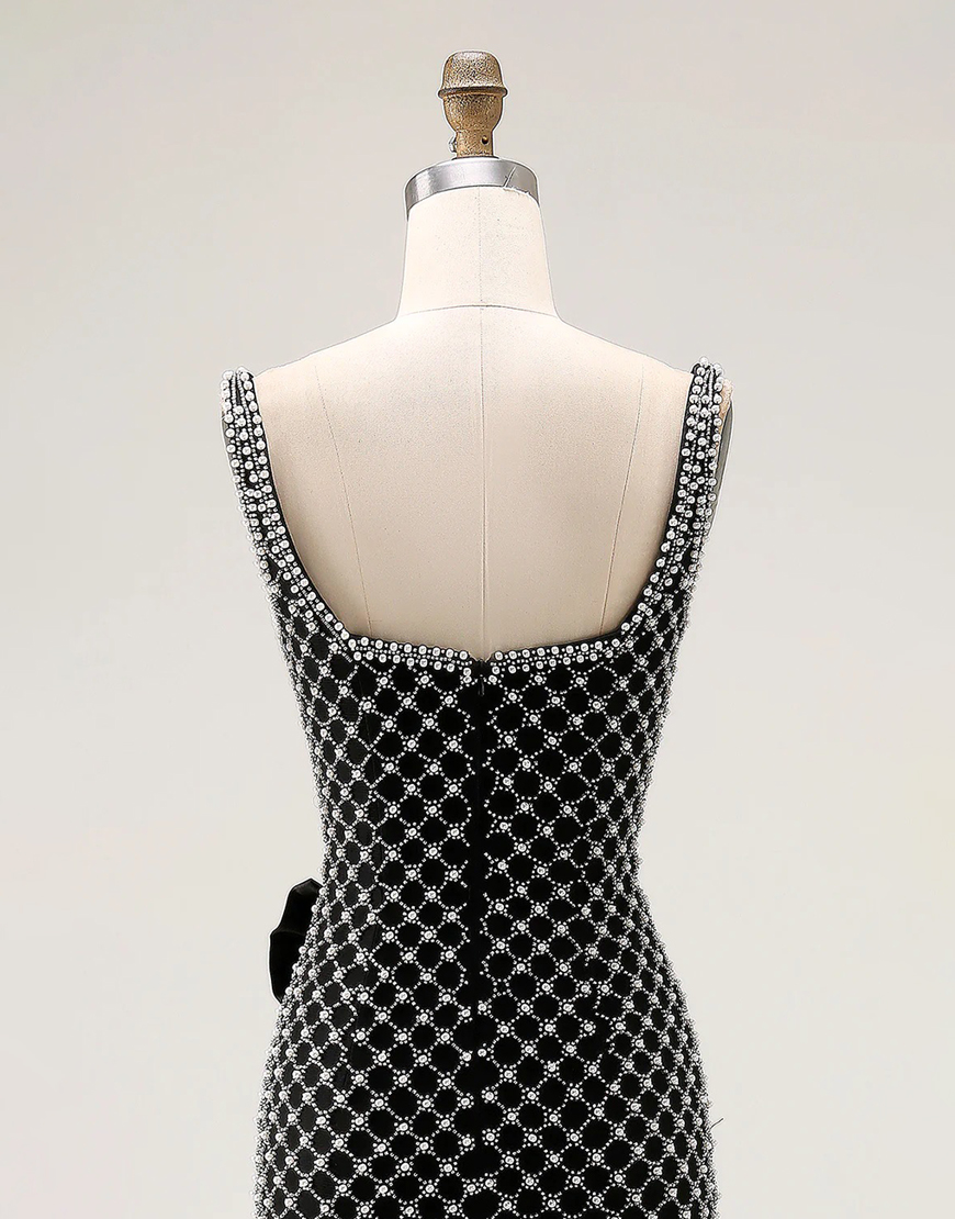 Sparkly White Pearls Spaghetti Straps Mermaid Long Prom Dress with Bow