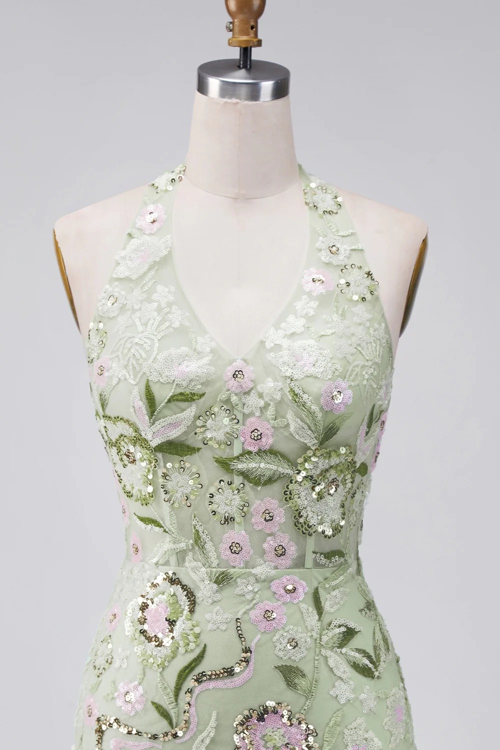 Sage Green Tight Short Floral Corset Halter Homecoming Dress