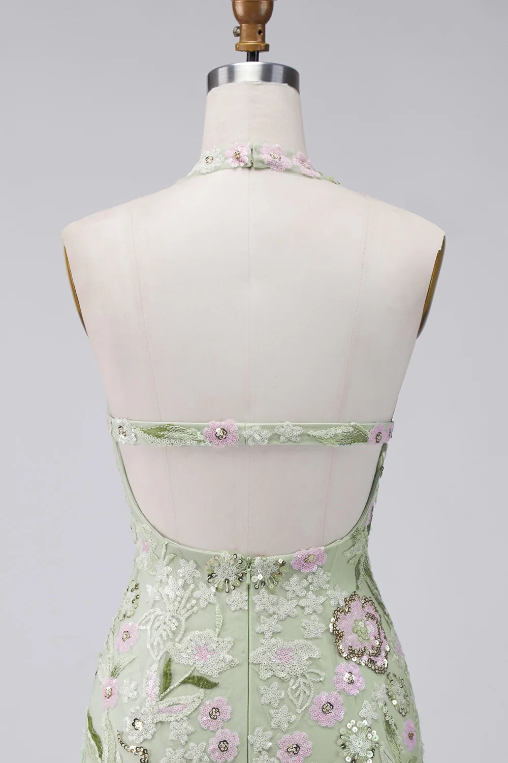Sage Green Tight Short Floral Corset Halter Homecoming Dress