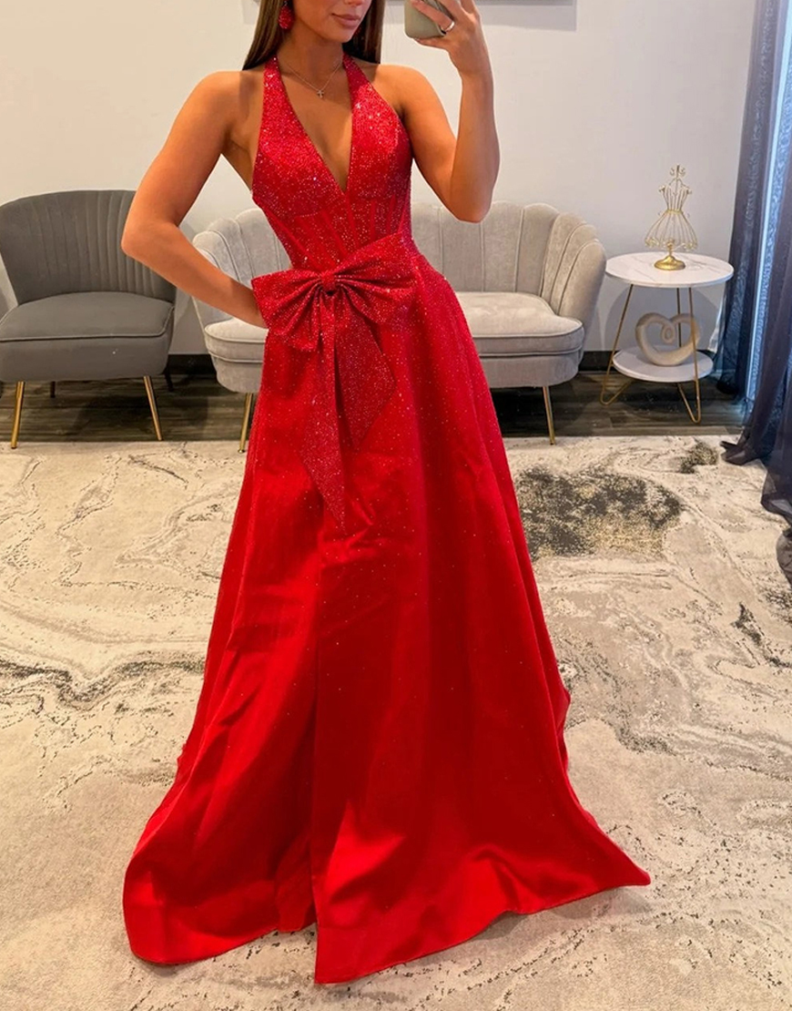 Sparkly Light Blue Halter Beaded Corset Long Prom Dress with Bow