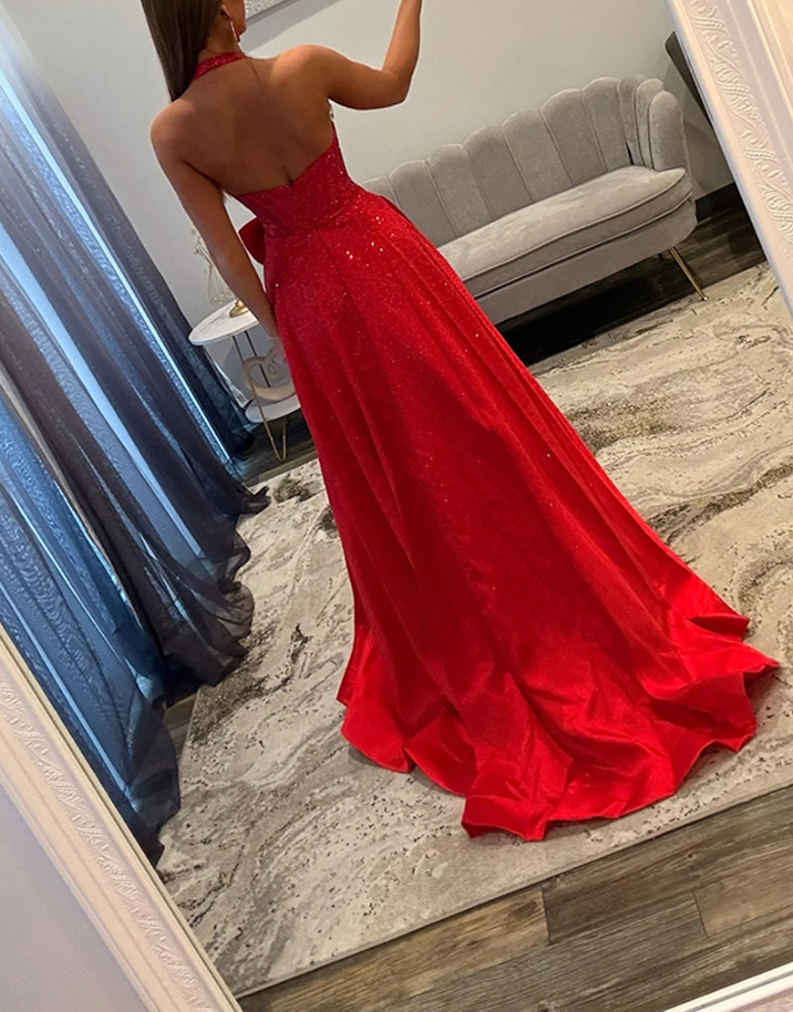 Sparkly Light Blue Halter Beaded Corset Long Prom Dress with Bow