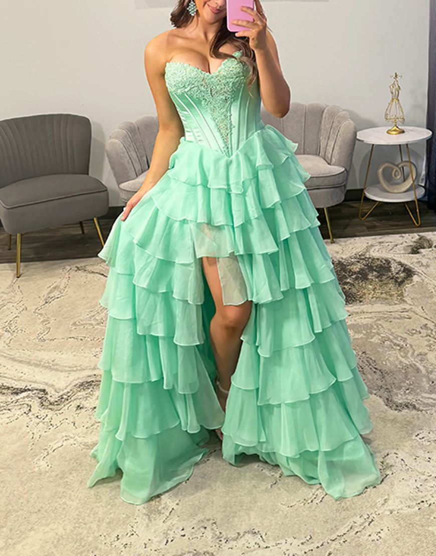 Green Corset Ball Gown Chiffon Sweetheart Ruffled Long Prom Dress with Slit