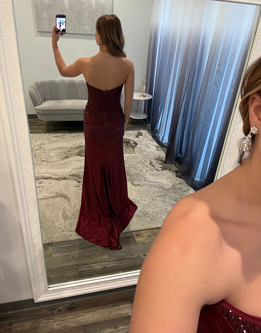 Sparkly Maroon Mermaid Beaded Satin Corset Long Prom Dress with Slit