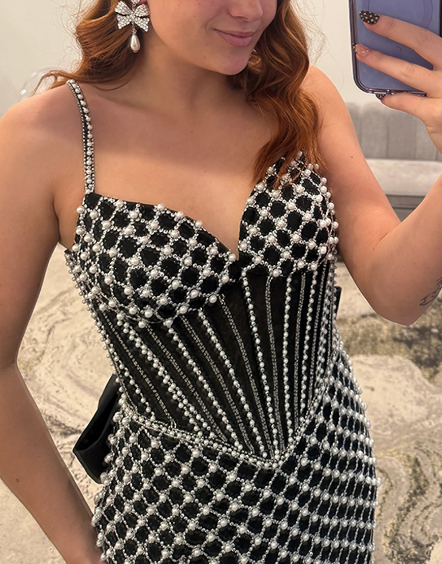 Sparkly Blue Mermaid Corset Long Prom Dress with Pearls