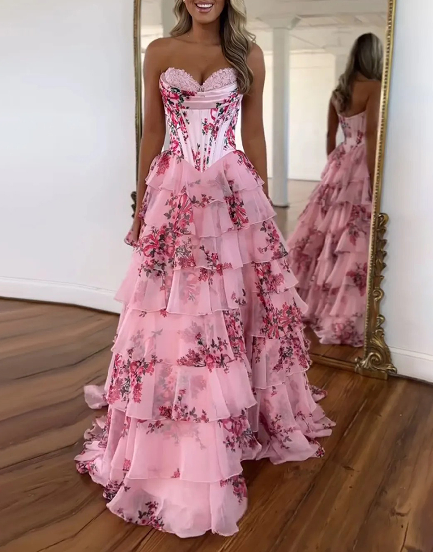 White Blue Floral Strapless Corset Ruffled Long Prom Dress with Slit